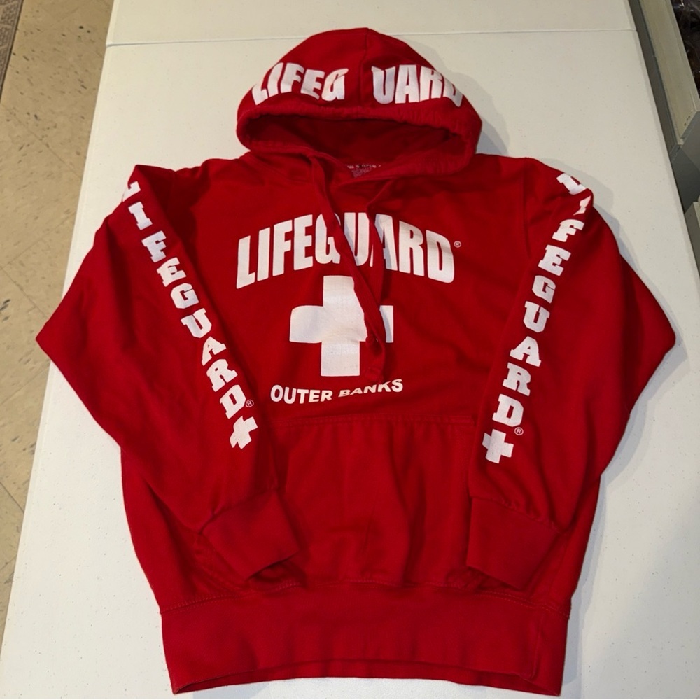 Lifeguard‎ Hoodie Sweatshirt OBX Outer Banks Red Small Pullover Cotton Blend
